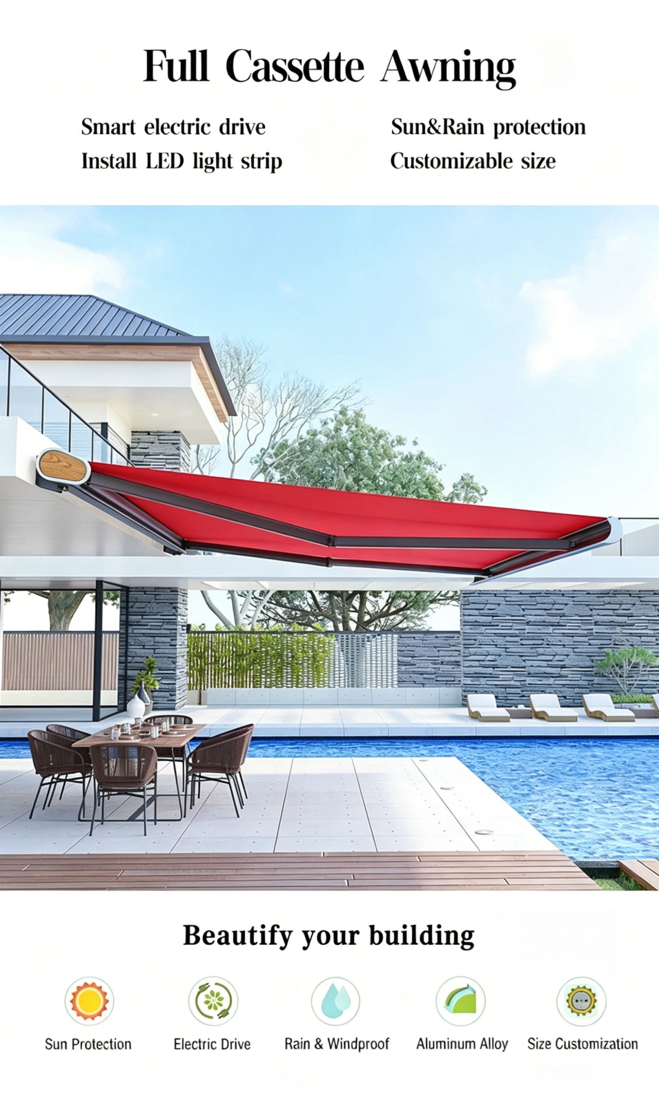 Full Cassette Electric Retractable Awning Villa Pool Patio Outdoor Shade Canopy