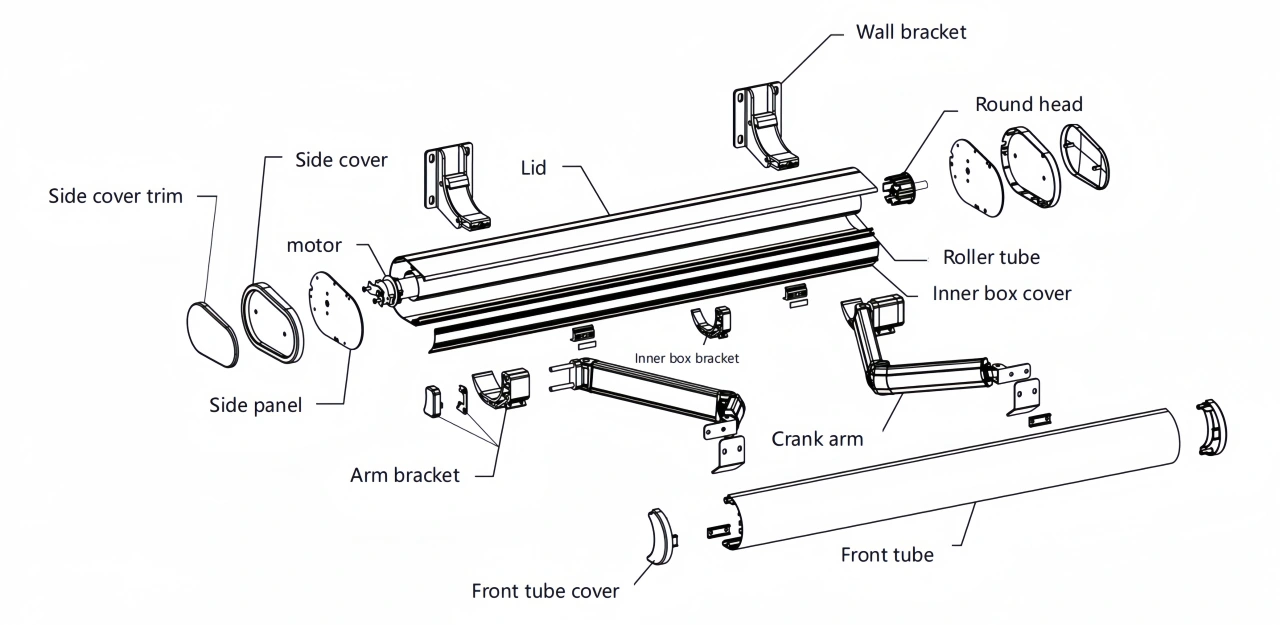 Full Cassette Retractable Awning Exploded Structure Drawing Accessories
