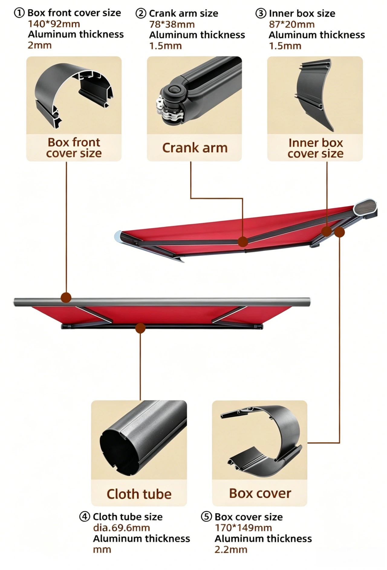 Full Cassette Awning Aluminum Profile Thickness Dimension Diagram